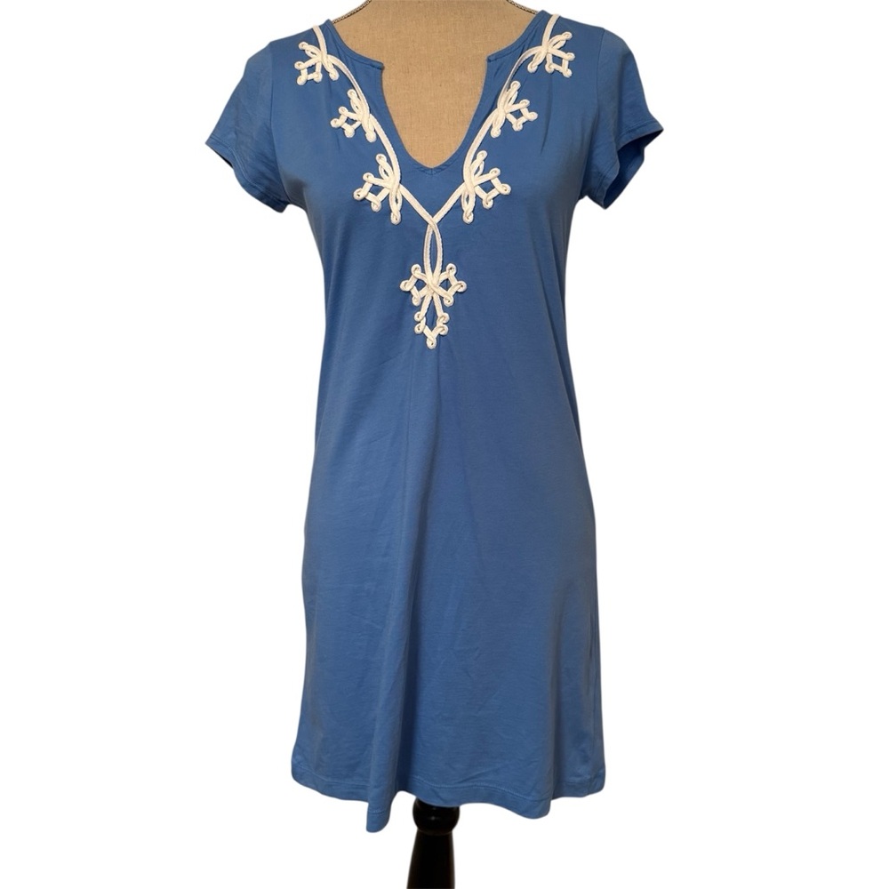 LILLY PULITZER DRESS MINI BLUE COTTON WHITE SOUTACHE SHORT SLEEVE SIZE S